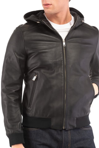 Veste en cuir d'agneau à capuche - Noir