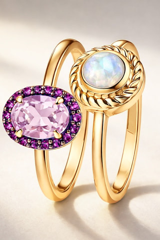 Anillo doble - Chapado en oro amarillo, amatistas y piedra de luna