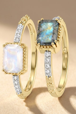 2 anillos - Chapado en oro amarillo, labradorita y piedras de luna