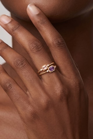 Anillo doble - Chapado en oro amarillo, amatista y cuarzo
