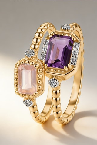 Anillo doble - Chapado en oro amarillo, amatista y cuarzo