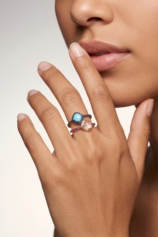 Anillo doble - Chapado en oro amarillo, turquesa y cuarzo