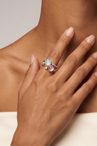 Anillo doble - Chapado en oro amarillo, amatistas y piedra de luna
