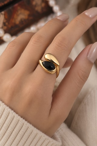 Anillo - Chapado en oro amarillo y ónice