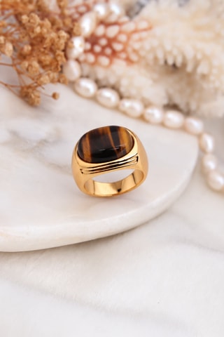Anillo - Chapado en oro amarillo y ojo de tigre