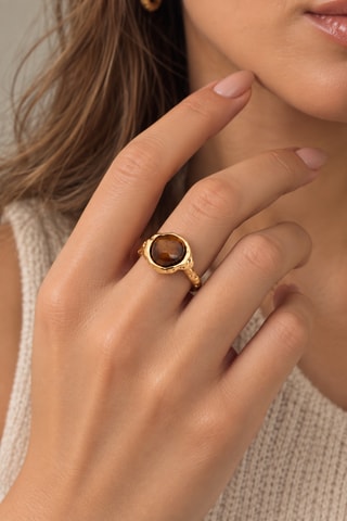 Anillo - Chapado en oro amarillo y ojo de tigre