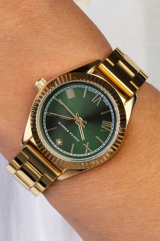 Stalen & Diamanten Quartz Horloge - Goudkleurig en Groen - Monica Monaco