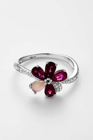 Bague Sohane - Or blanc, diamants, rhodonites et quartz rose