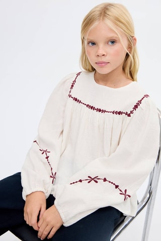 Blouse plissée à broderie - Blanc