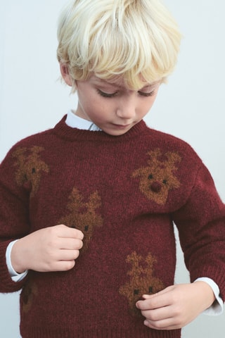 Pull-over maille imprimé rennes - Rouge