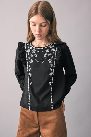 Blouse brodée volants - Noir