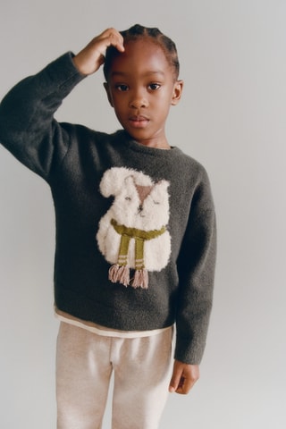 Pull brodé animal - Vert foncé
