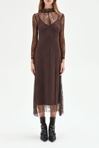 Robe droite en dentelle - Marron