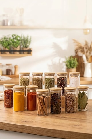 12 barattoli spezie in vetro borosilicato e bambù - 30 cl