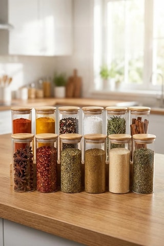 12 barattoli spezie in vetro borosilicato e bambù - 50 cl