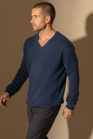 Jersey Lorenzo 100 % cachemir, 2 hilos - Cuello de pico. - Azul