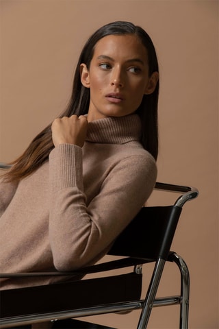 Jersey Tracy 100 % cachemir, 2 hilos - Jersey de cuello vuelto - Camel
