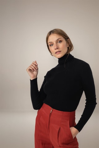 Jersey Elly 100 % cachemir, 2 hilos - Jersey de cuello vuelto - Negro