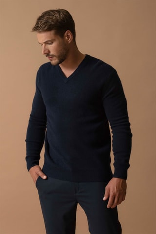 Jersey Enzo 100 % cachemir 4 hilos - Cuello de pico - 310 g - Azul marino