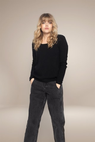 Jersey Lindsay 100 % cachemir, 2 hilos - Cuello barco - Negro