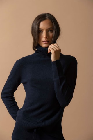 Jersey Tracy 100 % cachemir, 2 hilos - Jersey de cuello vuelto - Azul marino