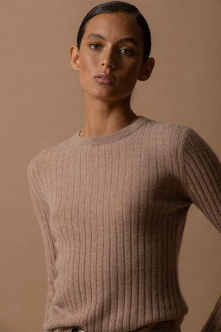Jersey Kylie 100 % cachemir, 2 hilos - Cuello redondo. - Camel