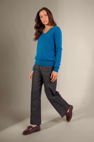 Jersey loose Kalie 100 % cachemir, 2 hilos - Cuello de pico. - Azul pato