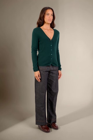 Cárdigan slim fit Paige 100 % cachemir, 2 hilos - Cuello de pico. - Verde oscuro