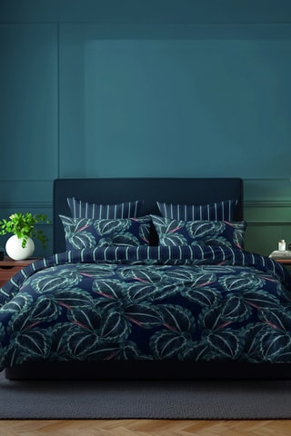 Juego de nórdico de satén de algodón 80 hilos/cm² Calathea - Azul noche y verde oscuro