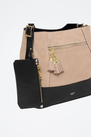 Sac porté épaule en croûte de cuir Cosmo - Beige et noir