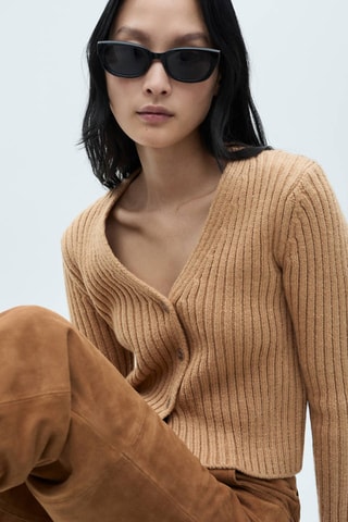 Cardigan maille côtelée col V - Marron
