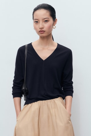 Pull-over maille fine col V - Bleu marine