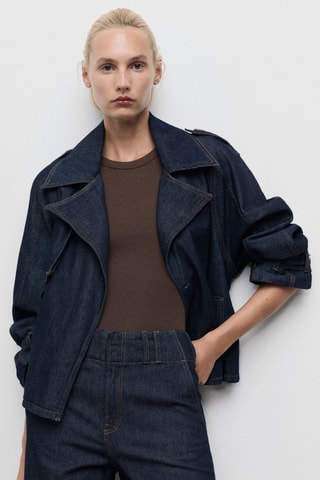 Trench court en jean ceinture - Bleu