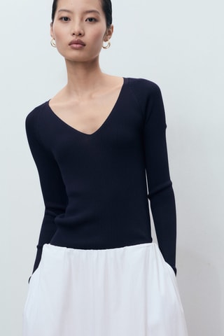 Pull-over côtelé col en V - Bleu marine