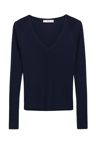 Pull-over côtelé col en V - Bleu marine