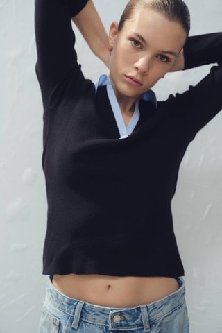 Pull-over col chemise combiné - Bleu marine