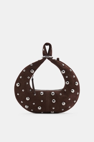 Sac à main en cuir avec application boules métalliques - Marron