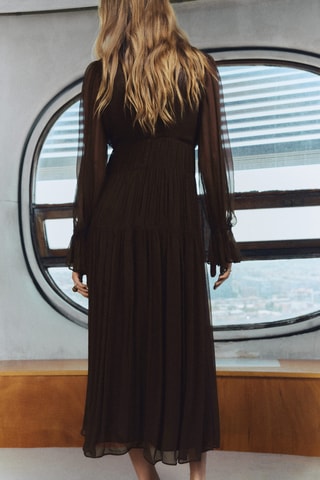 Robe froncée manches bouffantes - Marron