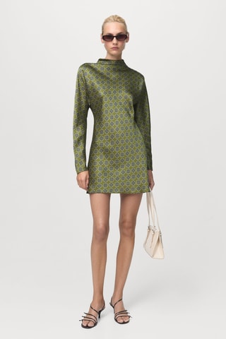 Robe en satin imprimé avec col cheminée - Vert