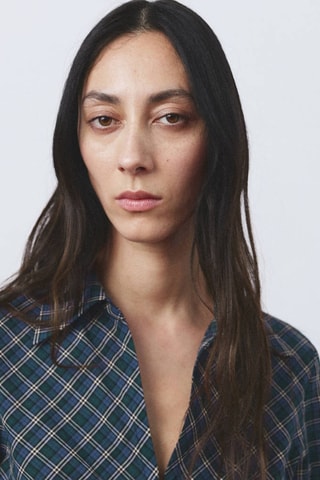 Blouse à carreaux et fronces - Bleu