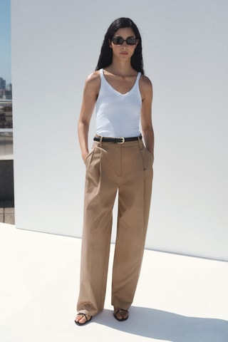 Pantalon coton droit à pinces - Beige