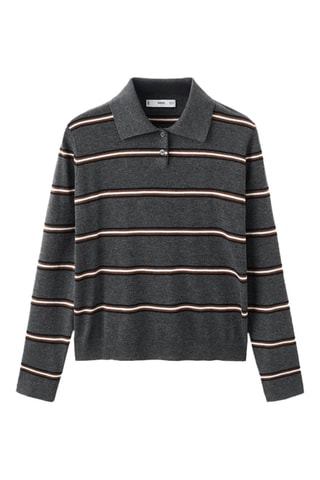 Pull-over rayures col polo - Gris chiné