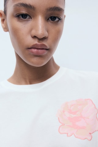 T-shirt coton détail fleur - Écru
