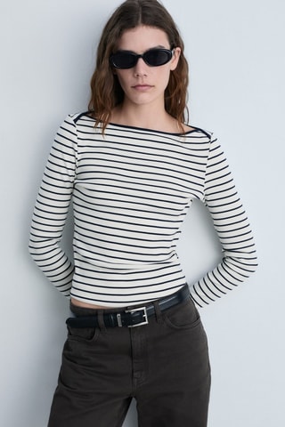 T-shirt rayures col bateau - Écru