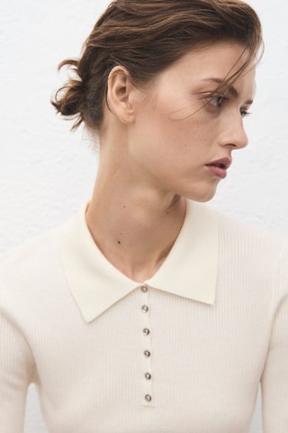 Pull-over maille côtelée col polo - Écru