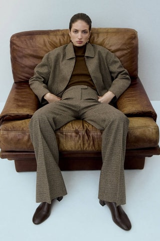 Pantalon en laine mélangée pied-de-poule - Marron