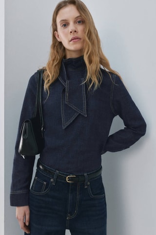 Chemise en denim avec fermeture à nœud - Bleu marine