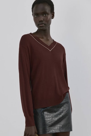 Pull col V avec liseré contrastant - Marron