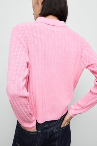 Pull-over maille côtelée col polo - Rose