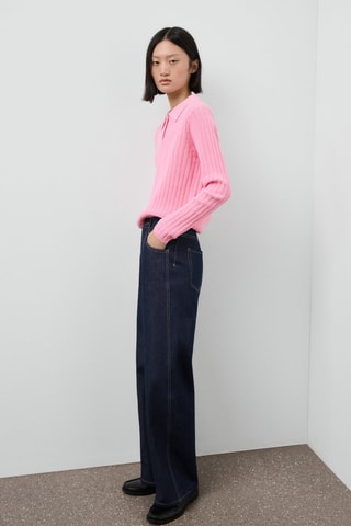Pull-over maille côtelée col polo - Rose